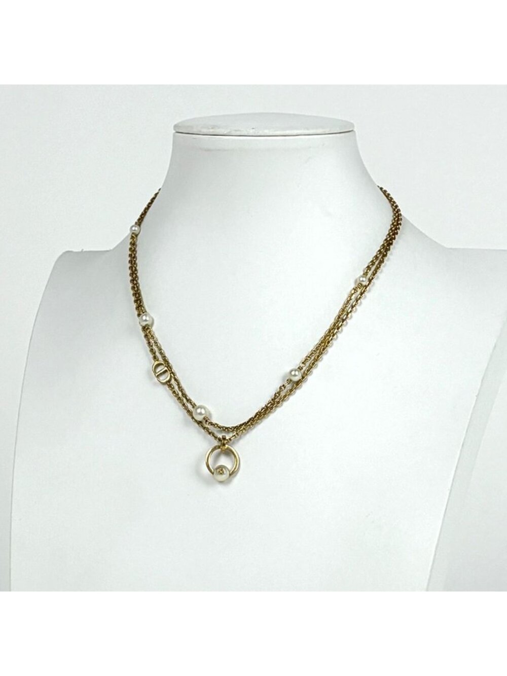 Dior Logo Faux Pearl Necklace Double Strand Gold Plated - Picture 4 of 4